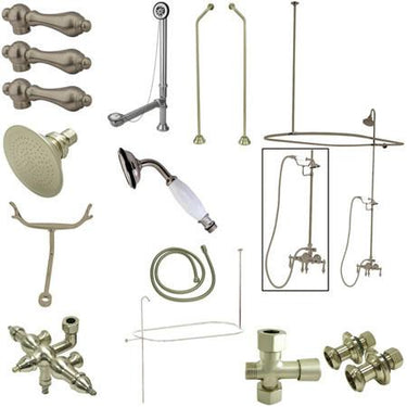 Kingston Brass Vintage Wall Mount Down Spout Clawfoot Tub and Shower with Metal Lever Handles, Satin Nickel Clawfoot Tub Set Kingston Brass